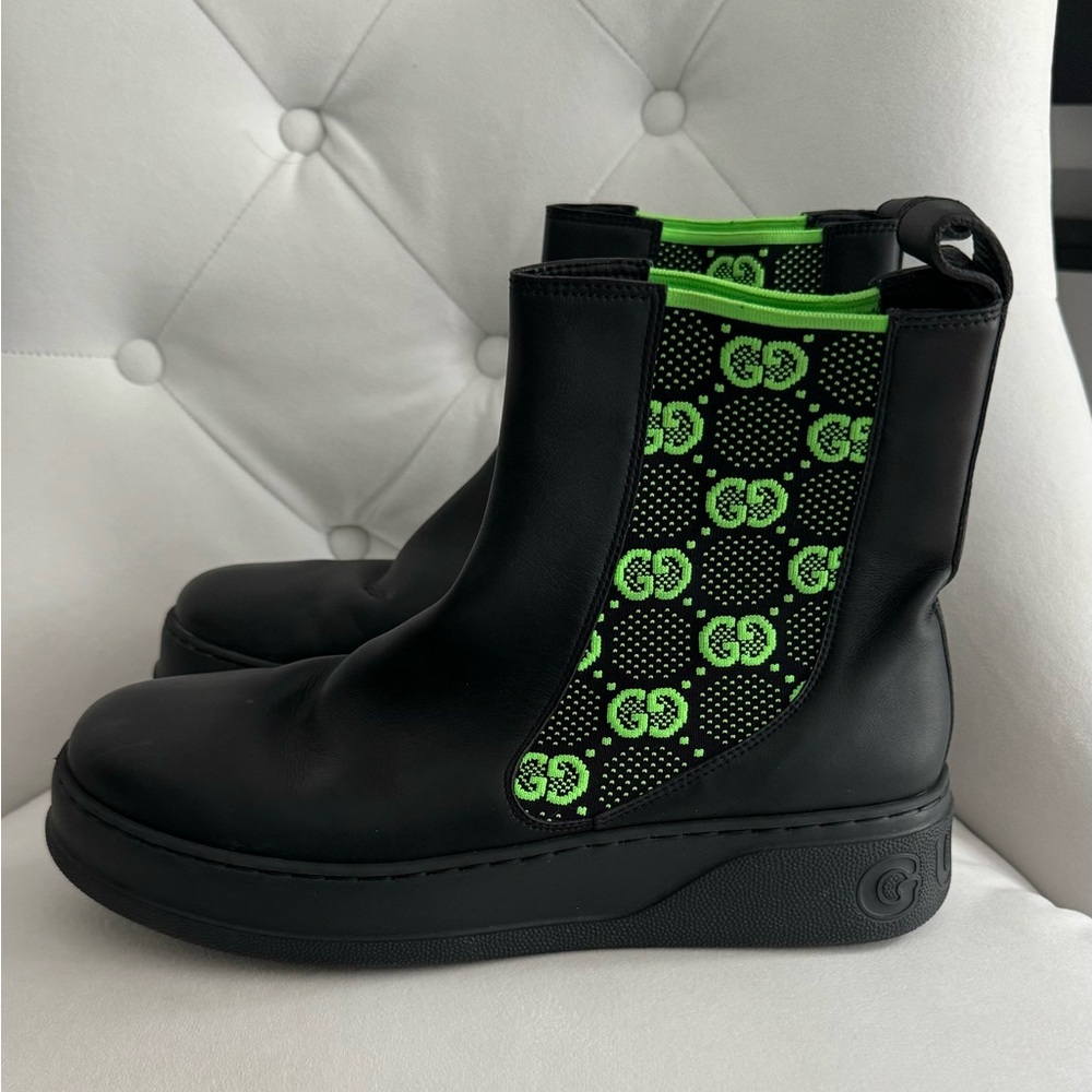 🔥MEN’S GUCCI CHELSEA GG LEATHER BOOT🔥 US Size 9.5🔥BLACK AND GREEN❣️ MAKE OFFER - Picture 3 of 12